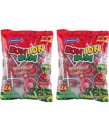 Bon Bon Bum - Bubble Gum Filled Lollipops by Colombina Bonbonbum Watermelon flavour 2 bags x 24 lollipops 48 units total 2 bags Watermelon