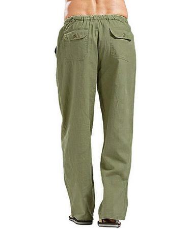 Men's Linen Beach Pants - Casual Loose Fit Lightweight Elastic Waist Trousers - Army Green - Buy Online on GoSupps.com