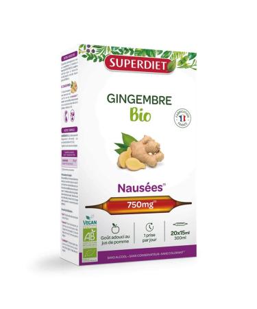 SUPERDIET - ORGANIC GINGER - Nausea Motion sickness Pregnancy -100% Pure juice - Made in France - 20 ampoules of 15 ml