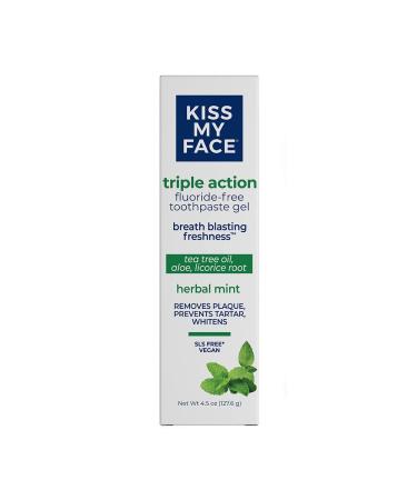 Kiss My Face Triple Action Gel Toothpaste, Fluoride Free, 4.5 Ounce (2404502) Triple Action Herbal Mint 4.5 Ounce (Pack of 1)