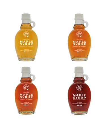 MapleFarm - Pure maple syrup. Tasting pack 4 variants: GOLD - AMBER - DARK - VERY DARK. Category A, golden, amber, dark, very