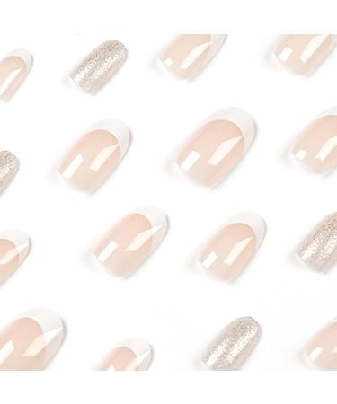 Justotry 24 Pieces Press-On Nails - Milky White French & Glitter Nude Almond Short Artificial Fingernails for Women - Easy Stick with Nail Glue - Acrylic Fake Nails in Gold & White - Buy Online on GoSupps.com
