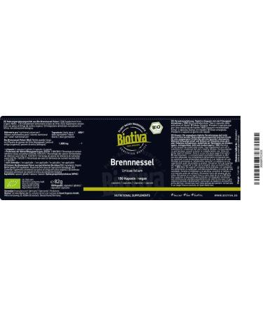 Biotiva Stinging Nettle Organic Capsules (150 ct) - 450mg - Urticae Folium - Highest Purity - Made in Germany - Vegan - Buy Online on GoSupps.com