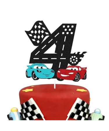 Race Car 4th Birthday Cake Topper Four Fast Cake Decoration for Racing Car Checkered Flag Themed Kids Boy Girl 4s Years Old Happy 4 Bday Party Decor Supplies Double Sided