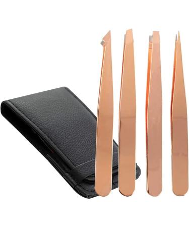 4-Piece Eyebrow Tweezers Set - Pointed & Angled Tweezers with Stylish Leather Look Case - Gold | International Shipping Available - Buy Online on GoSupps.com
