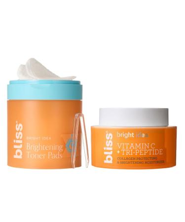 Bliss Bright Idea Vitamin C Toner Pads & Vitamin C + Tri-Peptide Brightening Serum Duo Antioxidant Skincare Bundle for Radiant Skin Targets Dark Spots Uneven Texture and Dullness Clean Vegan