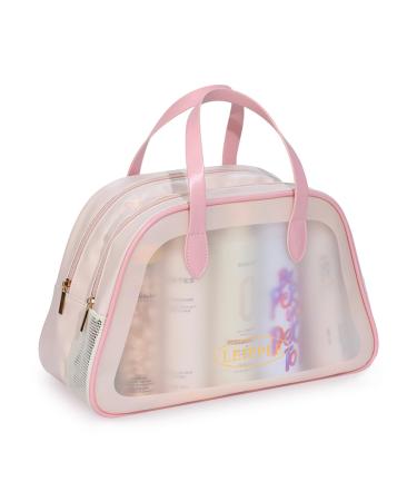 Clear Travel Toiletries Bag Portable Large Clear PVC Cosmetic Makeup Bag Multifunctional Waterproof Bag with 2 Zippered Sections for Women Girls(Pink Apricot)