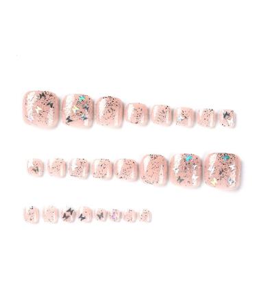 Silver Glitter Butterfly Sequins Toe Nail Press Ons - 24PCS Short Square Fake Toenails for Women | Summer Manicure Glossy Design - Style 13 - Buy Online on GoSupps.com