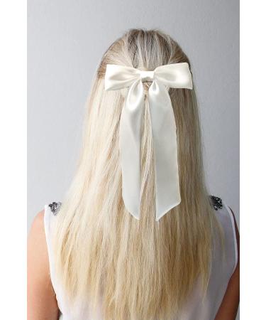 Furling Pompoms Bow Hair Clips - White Satin Ribbon Bows for Women & Girls | Hair Accessories for Party, Wedding, Prom | 2pcs Set - Buy Online on GoSupps.com