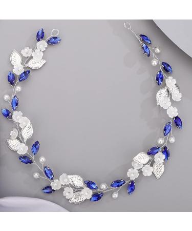 BERYUAN Flower Leaf Crystal Wedding Hair Vine for Bride Bridesmaid Pearls Crystal Hair Accessories for Women and Girls Blue - Buy Online on GoSupps.com