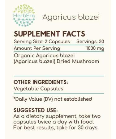 HerbEra Agaricus Blazei 60 Capsules, 500 mg, Agaricus blazei murill Dried Mushroom (60 Capsules) 60 Count (Pack of 1) - Buy Online on GoSupps.com