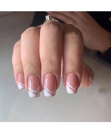 JUSTOTRY 24 Pcs Short False Nails Square White French Press on Nails Pattern Pretty Glitter Fake Nails Short with Nail Glue Stick on Nails for Women Squoval Nails Fake Nail for Nails Art glitter&white1