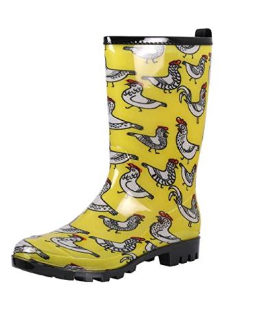 Colorxy Women's Waterproof Garden Rain Boots - Colorful Floral Printed Mid-Calf Garden Shoe Classic Short Wellies Rainboots 8 Chickens Yellow