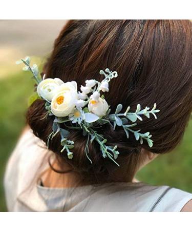 FIDDY898 Wedding Bridal Comb Camellia Ranunculus Floral Hair Clip Headpiece - Green Leaf Design | One Size - Buy Online on GoSupps.com