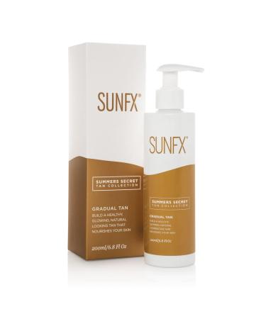 SunFX Gradual Tan Body Lotion Self Tanner | Hydrating Tan Extender Moisturizer | Build your Glow from Sunkissed to Dark | Cruelty and Toxic Free Enriched with Aloe & Vit A & E 200ml/6.8 fl oz 6 Fl Oz