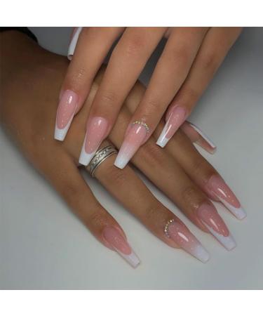 24Pcs/Set Press On Nails Long White Powder Gradient Diamond Decoration False Nails Acrylic Fake Nails Full Cover Nails Tips Artificial Finger Manicure Press on nails for Women and Girls - Buy Online on GoSupps.com