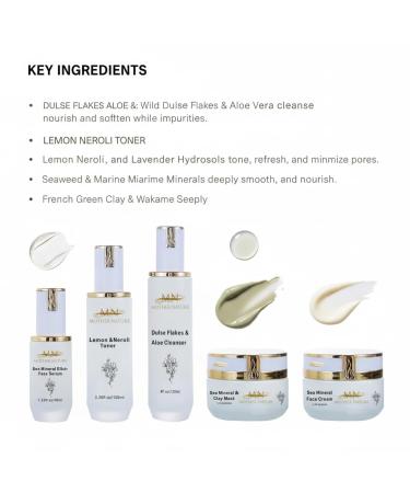 MN Mother Nature Sea Mineral 5-Piece Skincare Set Dulse Aloe Cleanser Lemon Neroli Toner Elixir Serum Clay Mask & Face Cream Seaweed & Wakame for Renewed Hydrated and Brightened Skin - Buy Online on GoSupps.com