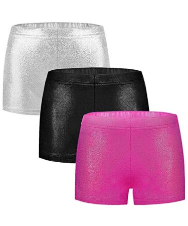 BYONEME Girls Dance Short Gymnastics Athletic Shorts Sparkle Glitter Tumbling Bottoms C03-rose-black-silver( 3pcs) 7-8 Years
