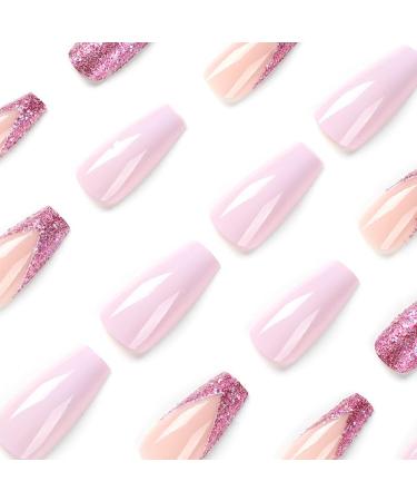 Purple Press on Nails - Medium Coffin French Tips | Glossy Full Cover Glitter Design Acrylic Nails for Women & Girls - 24PCS A02 - Buy Online on GoSupps.com