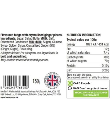Bon Bon's Gourmet - Stem Ginger Fudge Bag Handmade British Fudge 150g - Buy Online on GoSupps.com