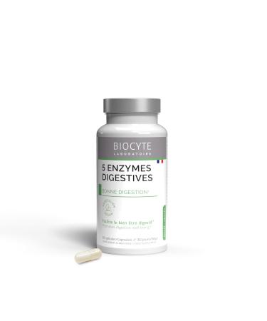 BIOCYTE 5 Digestive Enzymes - Food Supplement Digestion - Based on Amylase, Cellulase, Lactase, Lipase, Protease and Peppermint - 60 Capsules - 30 Days Taken