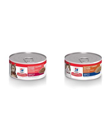 Hill's Science Diet Adult Canned Cat Food Savory Salmon Entr e 5.5 oz 24 Pack Wet cat Food & Senior 7+ Canned Cat Food Savory Turkey Entr e 5.5 oz 24 Pack Wet cat Food