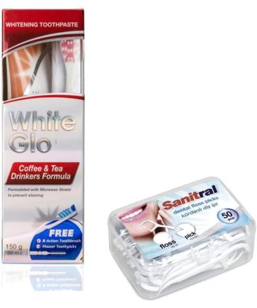 White Glo Premium Whitening Toothpaste & Toothbrush Set - Coffee & Tea Drinkers Formula 100ml + Free 50 Dental Floss Sticks | International Shipping - Buy Online on GoSupps.com