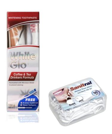 White Glo Premium coffee and tea drinker formula Intense Extra Whitening toothpaste & toothbrush 100 ml (with sanitral 50 pieces of dental floss sticks as a gift)