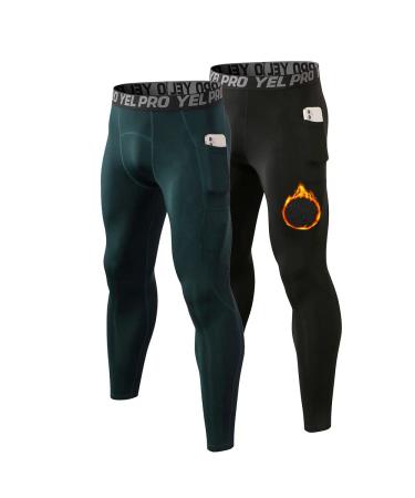 GAOQSEMG Men's Thermal Leggings Micro-Fleece Warm Compression Pants Running Sports Tights with Pockets Base Layer Bottoms #Black+dark Green Medium
