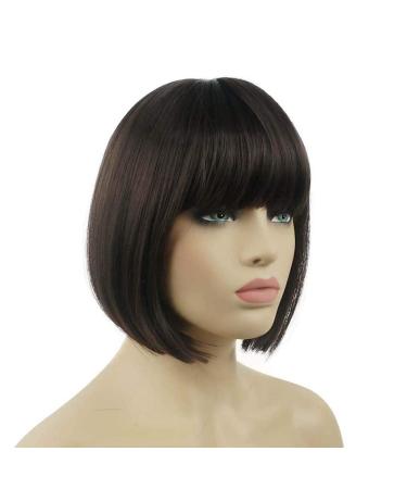 Lydell 8 Short Bob Chestnut Brown Synthetic Wig with Flat Bangs & Central Dot - Heat Resistant Hairstyle - Buy Online on GoSupps.com