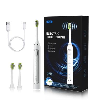 Electric Toothbrush with 2 Brush Heads for Adults and Kids One Charge for 90 Days Fast Charge 4 Modes with 2 Minutes Build in Smart Timer Rechargeable Waterproof White