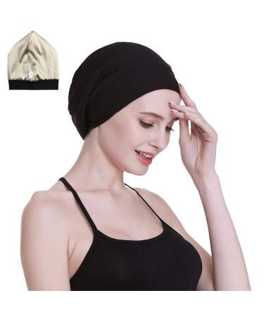 Silk Satin Lined Sleep Cap Inner 19MM 100% Mulberry Silk Outer Bamboo Viscose Nature Breathable for Hair Black