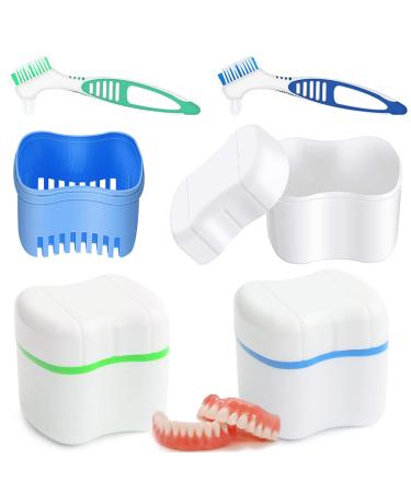 Hongecb prosthesis box denture case prostheses container for incorrect teeth storage cleaning for orthodontic box 2 pieces of braces + 2 prostheses cleaner brushes green + blue