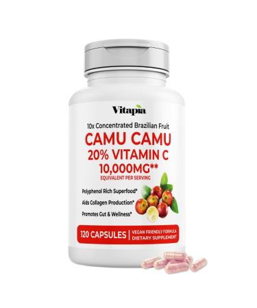 Vitapia Organic Camu Camu Extract 20% Vitamin C Capsules - Antioxidant Collagen Immune Health Skin Metabolism - 120 Veggie Capsules - Non GMO Gluten Free Vegan Friendly Supplement Camu Camu 120 Count (Pack of 1)