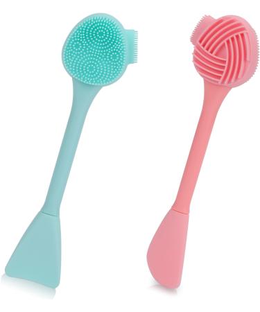 Silicone Face Brush 2 Pcs Double Headed Face Cleansing Brush Skin Friendly Face Scrubber Exfoliator Face Mask Brush for Face Skincare Blackheads Whiteheads Makeup Residues Removal (Green Pink)