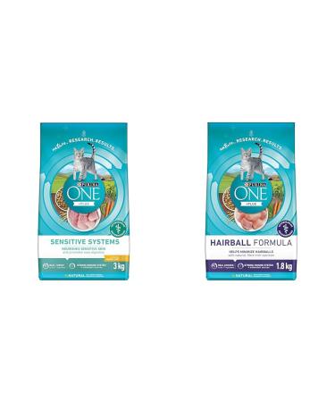 Purina ONE +Plus Dry Cat Food Sensitive Systems Turkey - 3 kg Bag & +Plus Dry Cat Food Hairball Formula Chicken - 1.8 kg Bag