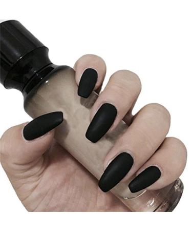 24 pieces black matt fake nails with glue design full cover false nails french acrylic nail art tips for women girls 1 piece (24 Pack)