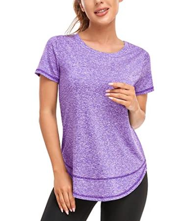 Abrooical Women's Short Sleeve Workout Shirts Crewneck Sports Yoga Running Dry Fit Tops Side Split Tee Large Purple