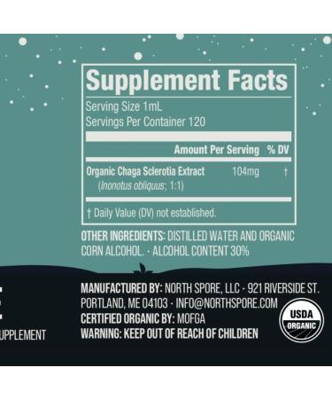 North Spore Organic Chaga Mushroom Tincture (4 oz) | 100% Fruiting Body Extracts | Immune Support, Energy, and Balance | Certified Organic, Vegan, Non-GMO | Adaptogenic, Nootropic | Made in USA 4 Fl Oz (Pack of 1) - Buy Online on GoSupps.com