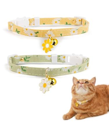 Xixkolyu 2 Pack Cotton Breakaway Cat Collar with Bell Yellow & Green Flowers Pendant Cute Cute Collar Kitten Collar Ideal for Girl Cats Boy Cats Gelb+Green