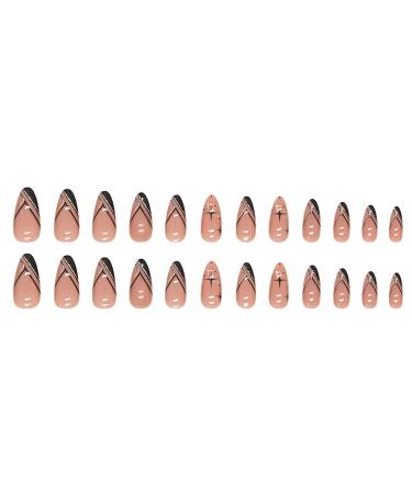 24Pcs Almond Shaped French Tip Press-On Nails - Nude Pink Black Star Glitter Design - Buy Online on GoSupps.com