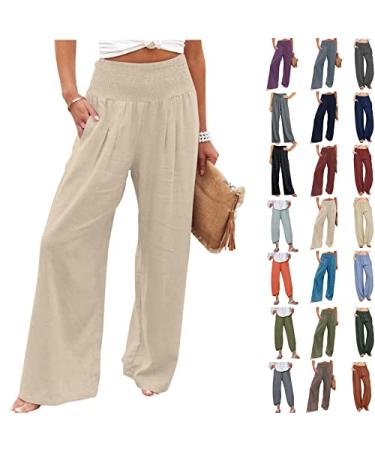 JEGULV Linen Pants for Women Casual Summer High Waist Wide Leg Palazzo Lounge Pants Solid Baggy Pant Trousers with Pocket D01#khaki Large