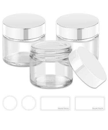 2 oz Glass Jars with Lids, Bumobum 3 pack Clear Small Jar with White Lids, Blank Labels & Inner Liners, 60 ml Empty Round Cosmetic Containers for Sample, Powder, Cream, Lotion, Spice