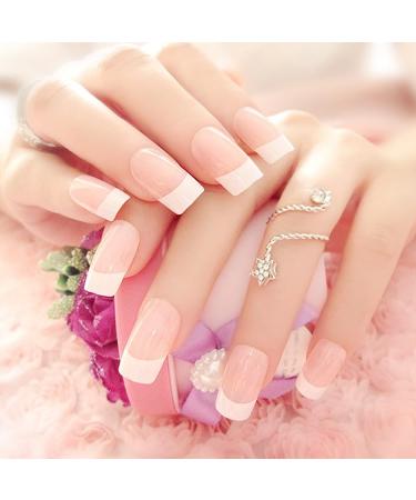 24Pcs/Set Press On Nails Simple and fresh pink and white Length False Nails Acrylic Fake Nails Full Cover Nails Tips Artificial Finger Manicure Press on nails for Women and Girls