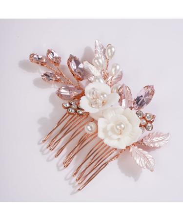 Missgrace Bride Wedding Crystal Pearl Leaf Rhinestones Hair Comb - Rose Gold Pink - Buy Online on GoSupps.com
