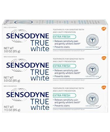 Sensodyne True White Sensitive Teeth Whitening Toothpaste for Stained Teeth, Cavity Prevention and Sensitive Teeth Treatment, Extra Fresh - 3 Ounces (Pack of 3)