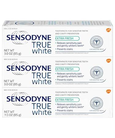 Sensodyne True White Sensitive Teeth Whitening Toothpaste for Stained Teeth, Cavity Prevention and Sensitive Teeth Treatment, Extra Fresh - 3 Ounces (Pack of 3)