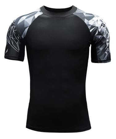 HUGE SPORTS Men's Short Sleeve Splice Skins Rashguard Shirt Swim Shirt Rash Vest for Swimming Surfing XXL Lion