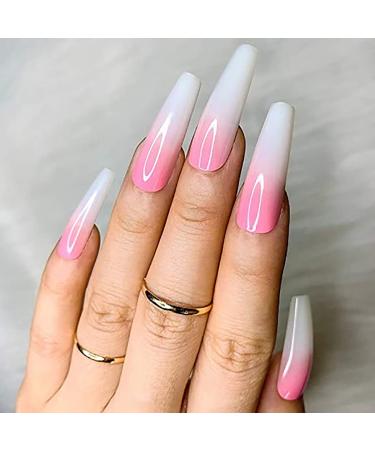 Brishow French nails to stick on pink long artificial nails gradient press on nails ballerina acrylic wrong nails 24 pieces for women and girls (D)