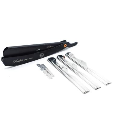 Parker Adjustable Stainless Steel Barber Razor with Black Handle - 3 Blade Inserts for Customized Shave - Includes 5 Parker Razor Blades - Buy Online on GoSupps.com